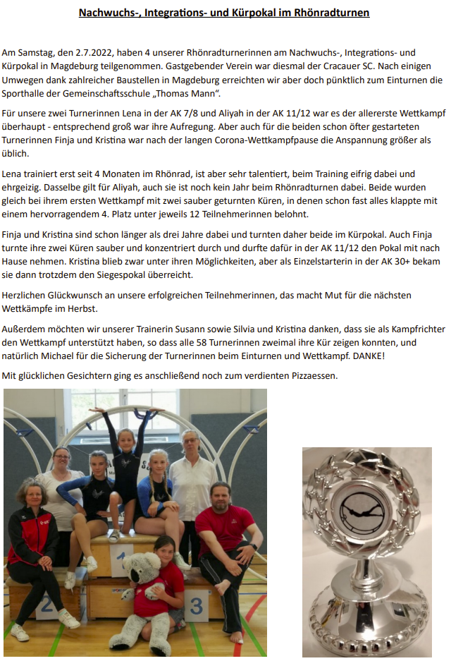 Am Samstag 02.07.2022 haben 4 Rhönradturnerinnen am Pokal in Mageburg teilgenommen. 